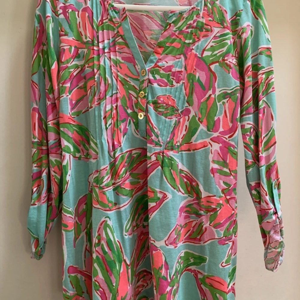Lilly Pulitzer Dorothy in the Villas Teal pink Leaves Top Small WORN ONCE Pima